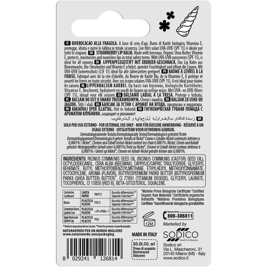 Naturaverde Be a Unicorn SPF 15 – Nawilżający i ochronny balsam do ust o zapachu truskawkowym, 5,7 ml: ceny i cechy