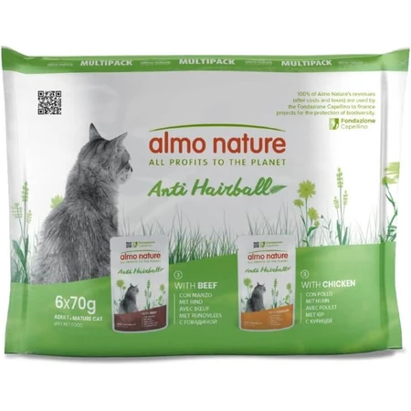 Almo Nature Anti-Hairball Bœuf et Poulet - Aliment humide complet pour chats adultes, 6 x 70 g