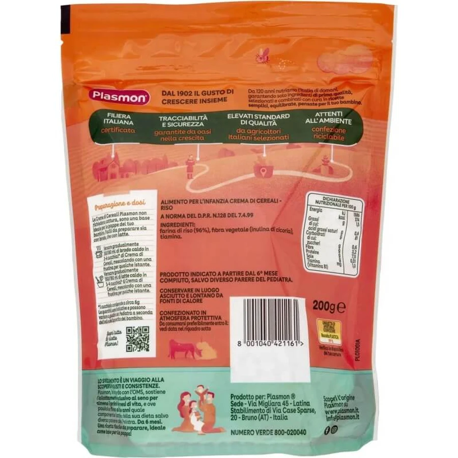 Plasmon, cremă de cereale cu orez – aliment pentru copii, 200 g