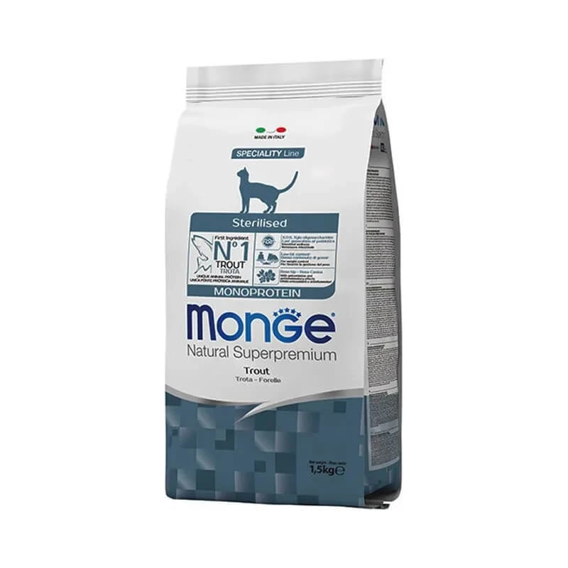 Monge Gesteriliseerd Monoprotein Forel - Kattenvoer voor gecastreerde katten met forel, 1,5 kg