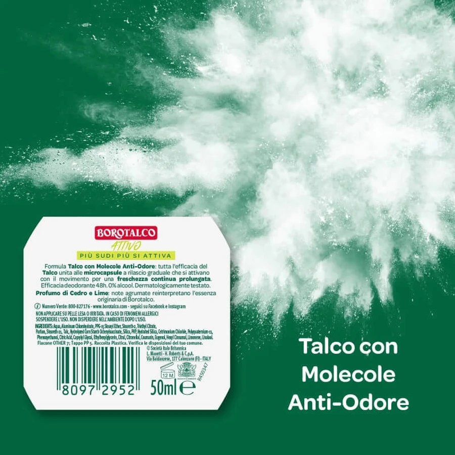 Borotalco Active, aroma a cedro y lima - Desodorante en roll-on de 48 horas, 50 ml