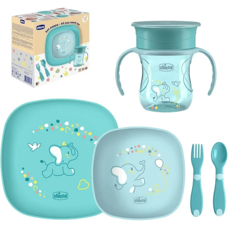 Chicco Complete set voor de overgang naar vaste voeding (12 maanden+) - Set met beker, kom en antislip plat bord in blauw