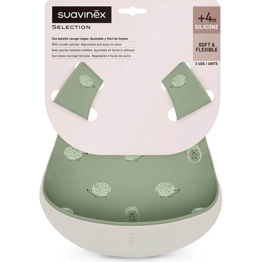 Suavinex Selection Color Essence 4 mois et plus - 2 bavoirs en silicone - Vert