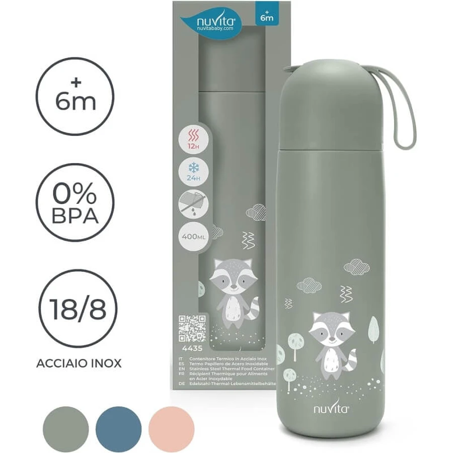 Nuvita Thermos - Geïsoleerde waterfles met verstelbaar siliconen handvat, saliegroen, 400 ml
