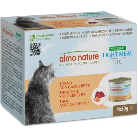 Almo Nature HFC Light Meal Natuurlijke tonijn en garnalen - Aanvullend natvoer voor volwassen katten, 4 x 50 g