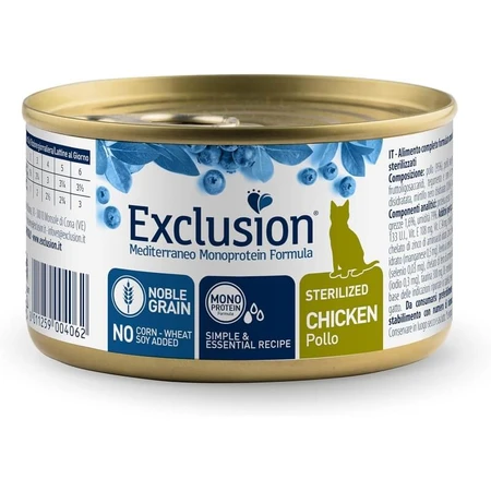 Exclusion Mediterraneo Monoprotein Sterilized Chicken – Alleinfuttermittel in Form von Nassfutter für sterilisierte erwachsene Katzen, 85 g