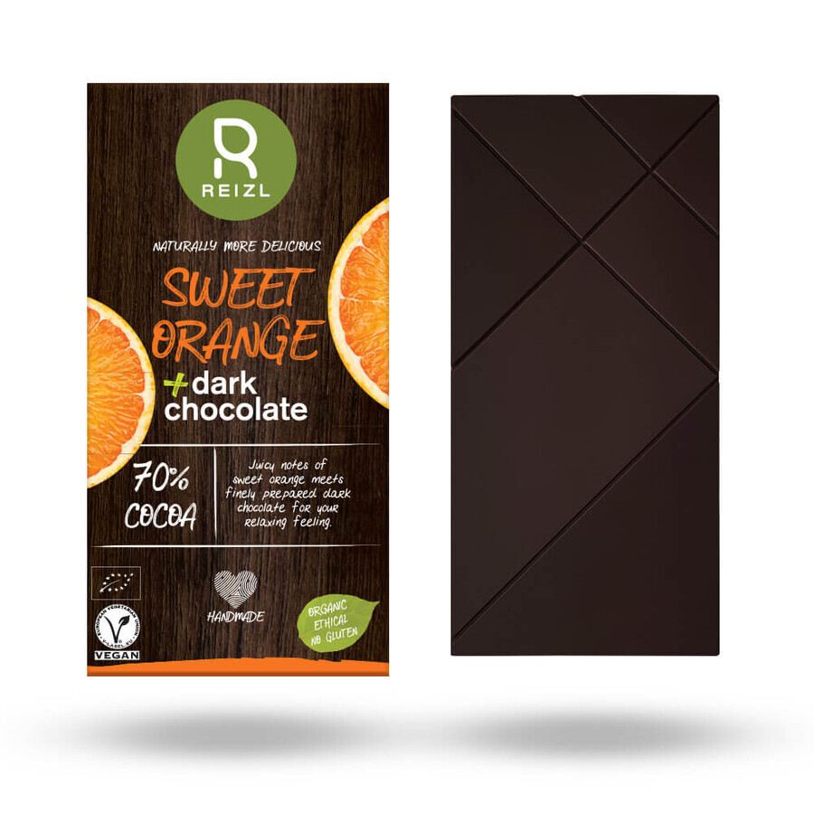 Zwarte chocolade met zoete sinaasappel, 70 gr, Reizl