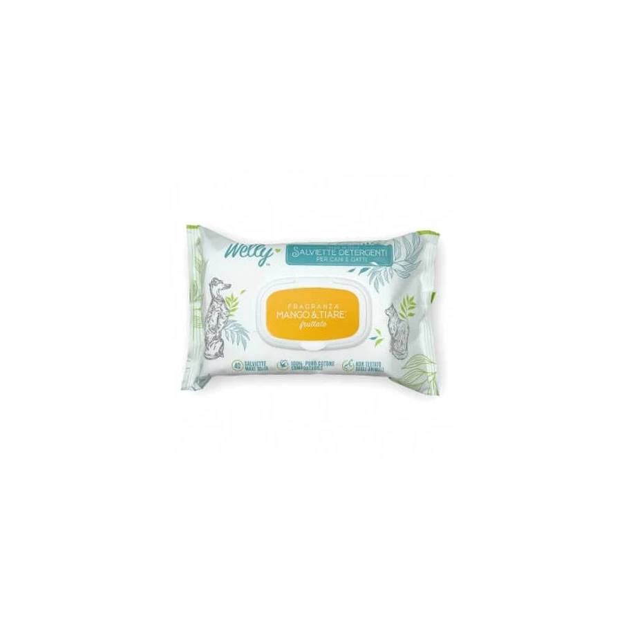 Welly Salviette detergenti - 40 salviette al mango e tiarè per cani e gatti