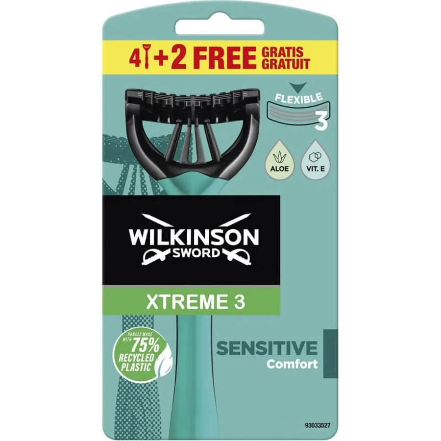Wilkinson Xtreme 3 Sensitive - 6 wegwerpscheermesjes met 3 flexibele mesjes voor de gevoelige huid, verrijkt met aloë en vitamine E voor extra comfort