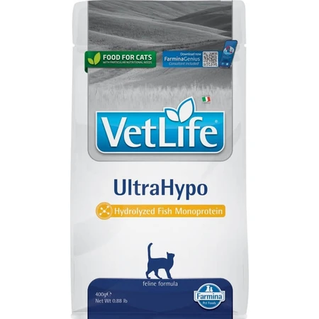 Farmina Vet Life Ultrahypo Fish - Compleet voer voor katten met voedselintoleranties en ter ondersteuning van de huid, 400 g