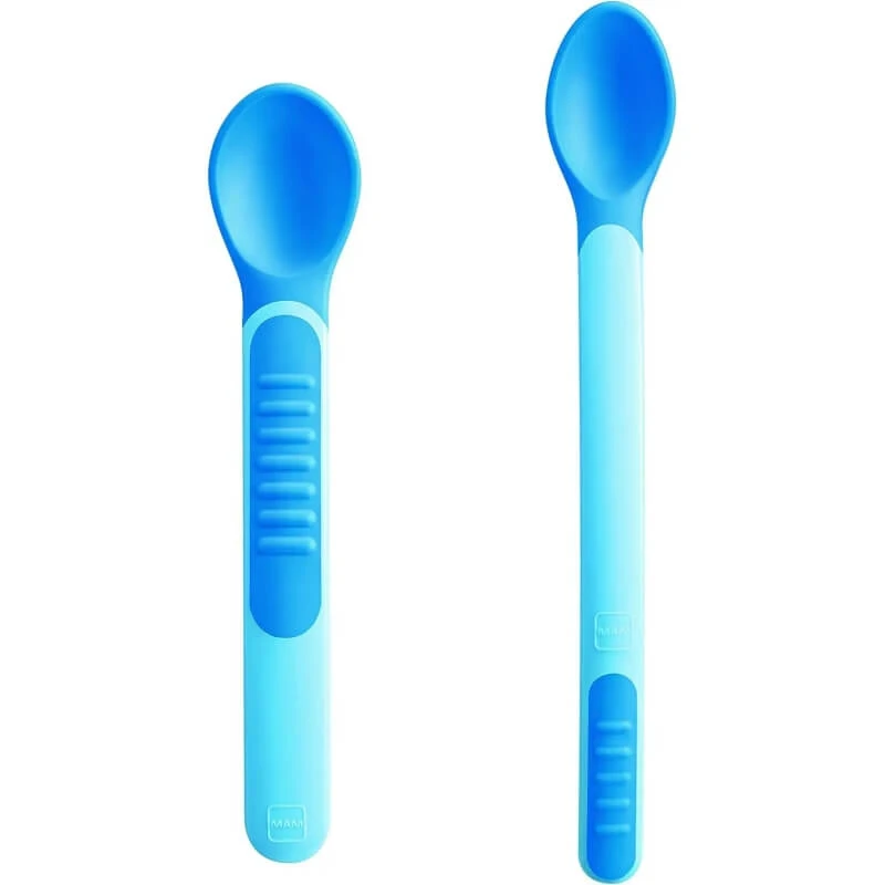 Mam warmtegevoelige lepels en deksels – 2 theelepels met deksels, vanaf 6 maanden – Jongens