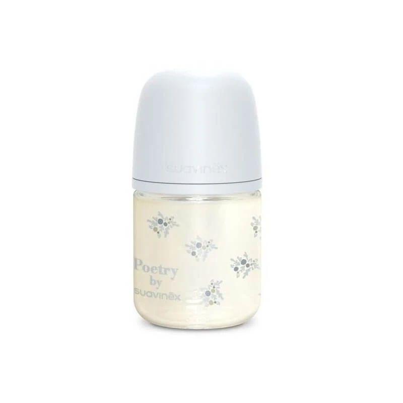 Suavinex Poetry - Glazen babyfles van 120 ml met lichtblauwe siliconen speen