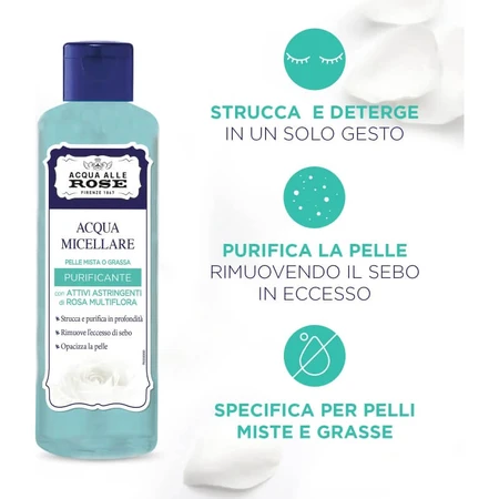 Agua micelar purificante con agua de rosas para piel mixta o grasa, 200 ml