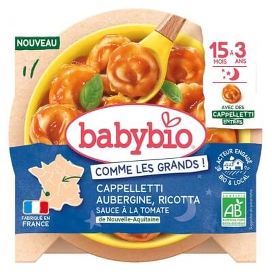 Babybio Cappelletti z bakłażanem, ricottą i sosem pomidorowym, od 15 miesięcy do 3 lat, produkt ekologiczny, 190 g: ceny i cechy