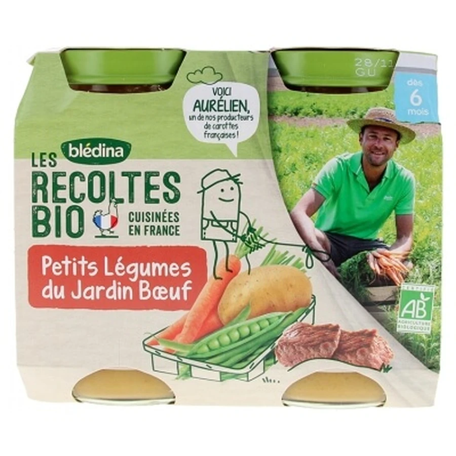 Blédina „Les Récoltes Bio” – Legume mici din grădină cu carne de vită, de la 6 luni, ecologic, 2 borcane