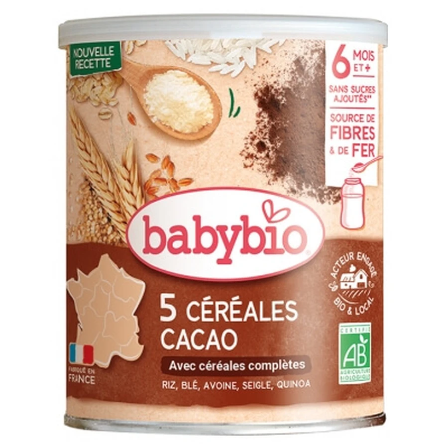 Babybio 5 cereali al cacao con cereali integrali, dai 6 mesi in su, biologico, 220 g