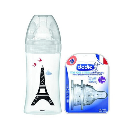 Verpakking Glazen fles met sensorische functie en anti-colic platte speen Debit 2 + 2 spenen Paris, 0 - 6 maanden, 270 ml, Dodie