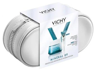 Vichy Mineral 89 72-uurs hydraterende crème 50 ml + Mineral 89 dagelijkse versterkende en verstevigende booster 10 ml, plus een gratis reisset