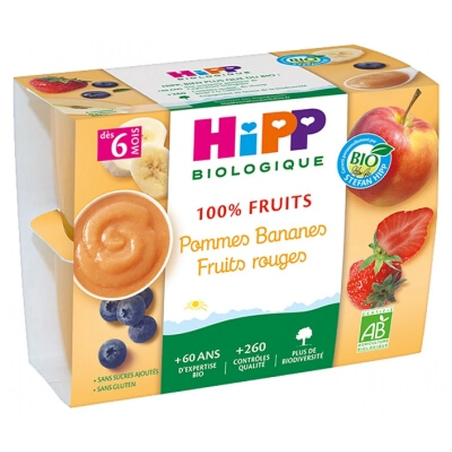 HiPP 100 % Obst: Äpfel, Bananen und Beeren – Für Babys ab 6 Monaten – Bio – 4 Gläschen