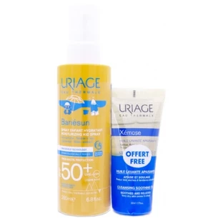 Uriage Bariésun Spray solare idratante per bambini, protezione molto alta SPF 50+, 200 ml + Olio detergente lenitivo Xémose in omaggio, 50 ml