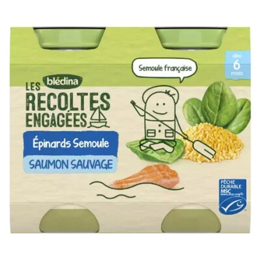 Blédina «Les Récoltes Engagées»: espinacas, sémola y salmón salvaje —Para bebés a partir de los 6 meses— 2 tarros