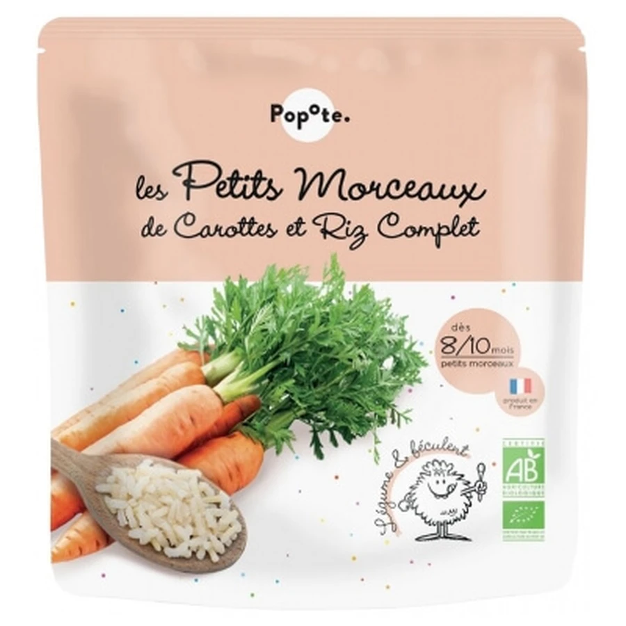 Popote Les Petits Morceaux: zanahorias y arroz integral, ecológicos, para bebés a partir de los 8-10 meses, 190 g