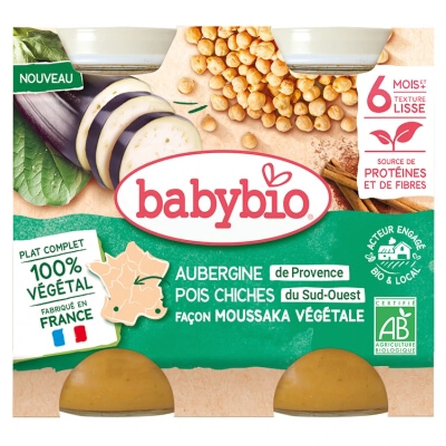 Babybio: Vinetă și năut, în stil moussaka vegetală, de la 6 luni în sus, produs ecologic, 2 borcane de 200 g