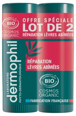Dermophil Indian Organic Herstellende lippenbalsem voor beschadigde lippen, 2-pack (elk 4 g)