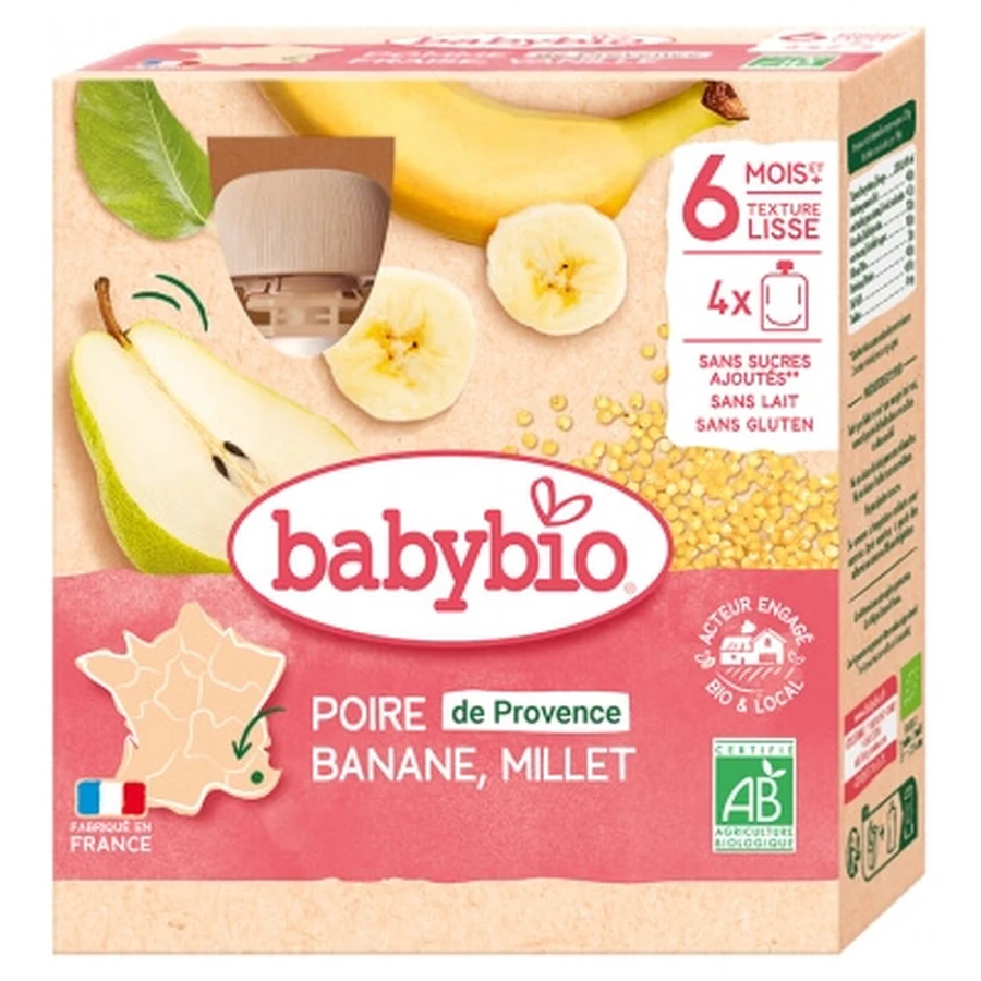 Babybio Poire Banane Millet 6 Mois et + Bio 4 Gourdes de 90 g