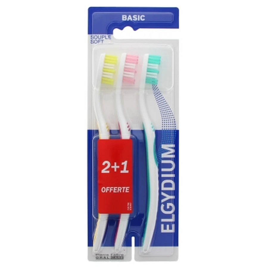 Cepillo de dientes Elgydium Basic Soft, paquete de 2 + 1 gratis