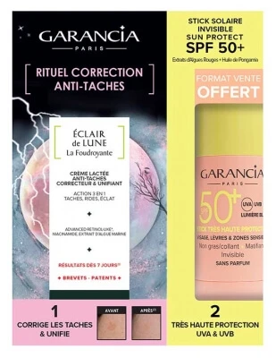 Garancia Eclair de Lune La Foudroyante Crème tegen pigmentvlekken 30 ml + Gratis zonnebrandstick voor gezicht, lippen en gevoelige zones SPF50+ 15 g