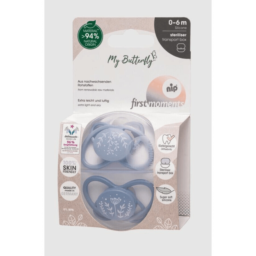 Set di 2 ciucci in silicone, forma anatomica, simmetrica, tettarella ortodontica flessibile First Moments MyButterfly, 0-6 mesi, Nip