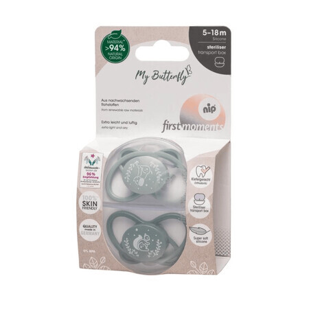 Set 2 Suzete din silicon, forma anatomica, simetrica, tetina ortodontica flexibila First Moments MyButterfly, 5-18 luni, Nip