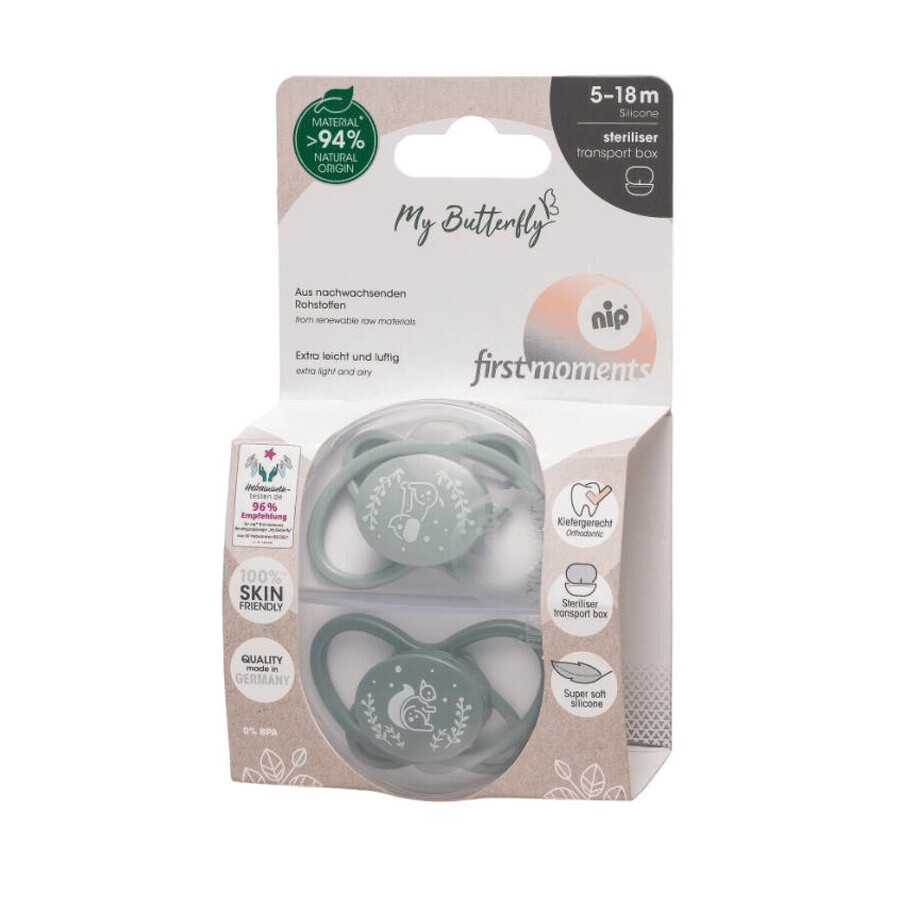 Set de 2 sucettes en silicone, forme anatomique, symétrique, First Moments MyButterfly tétine orthodontique flexible, 5-18 mois, Nip