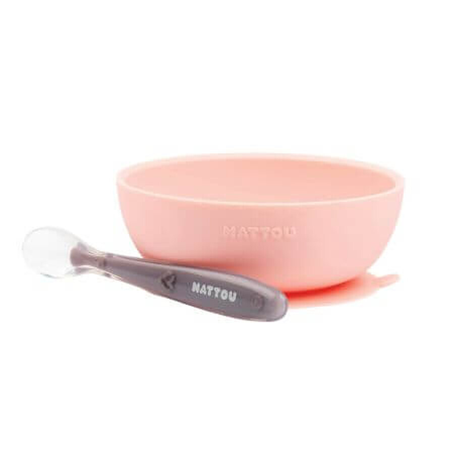 Bowl set with suction cups and spoon, Pink, Nattou