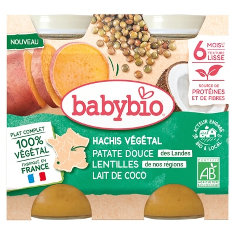 Babybio Vegetable Puree with Sweet Potato, Lentils, and Coconut Milk, 6 Months and Up, Organic, 2 Jars of 200 g Each