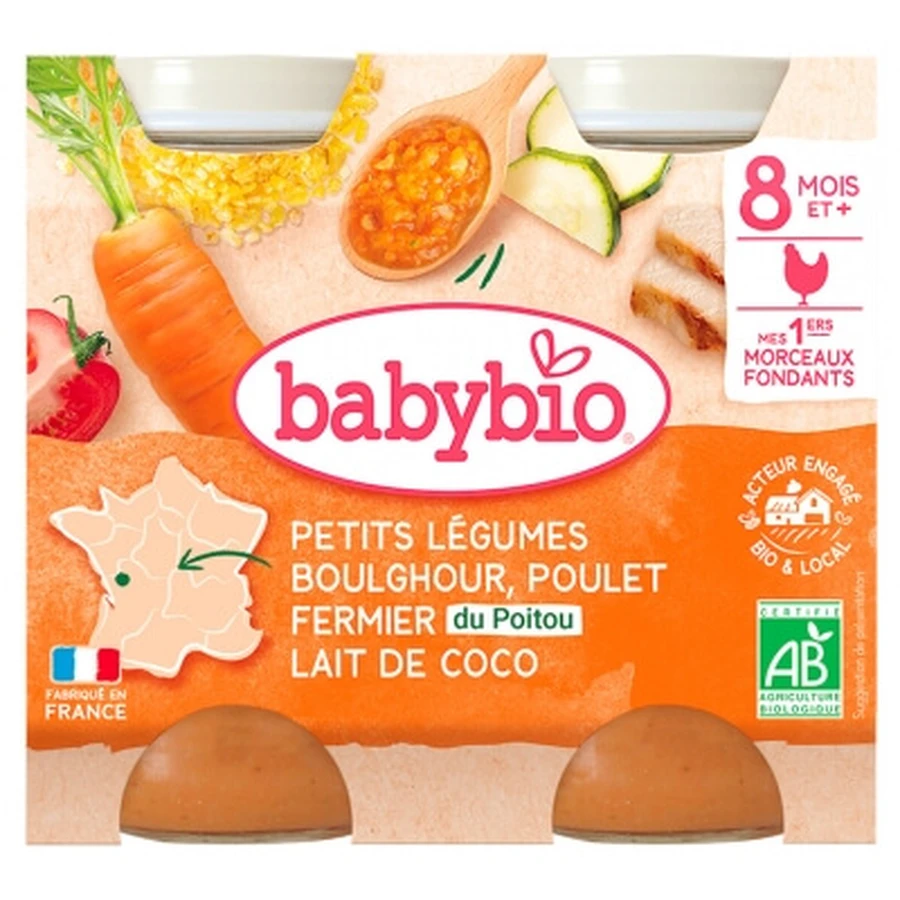 Babybio Baby Vegetables, Bulgur, Free-Range Chicken, and Coconut Milk—8 Months and Up—Organic—2 Jars, 200 g Each