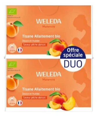 Weleda Biologische Perzik- en Abrikozen-Kruidenthee voor borstvoeding, verpakking van 2 x 20 theezakjes