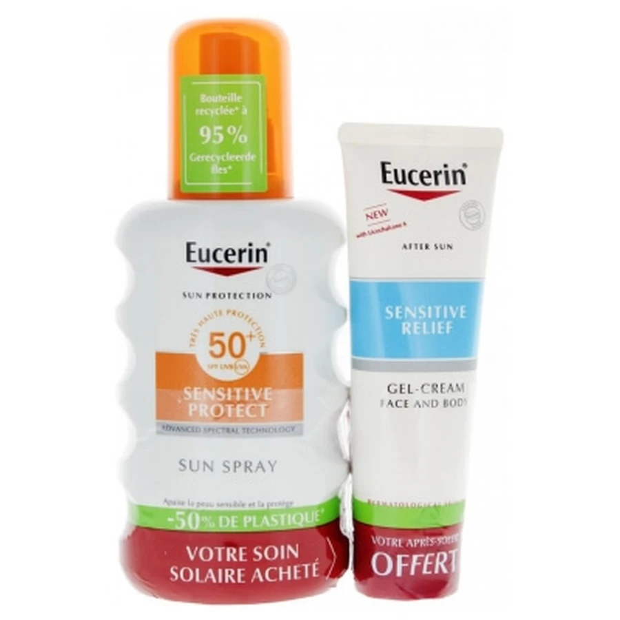 Eucerin Sun Protection Sensitive Protect Spray Solar SPF 50+ 200 ml + Gel-crema after-sun Relief de regalo 50 ml