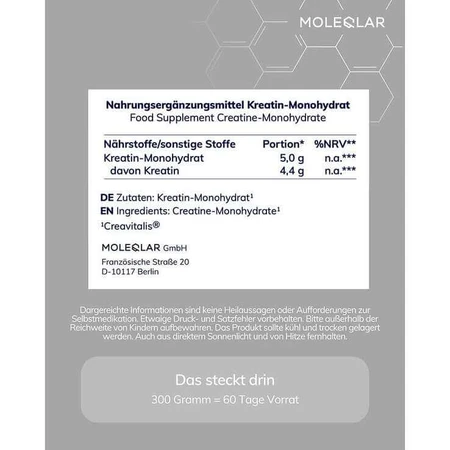 Moleqlar Creatine Monohydraat in poedervorm, 300 g poeder