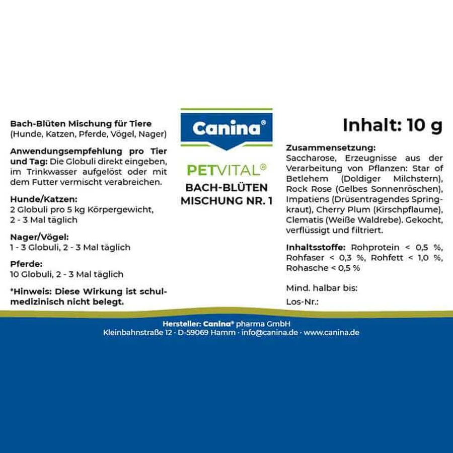 Petvital Bachbloesemremedies nr. 1 globules voor dieren, 10 g globules