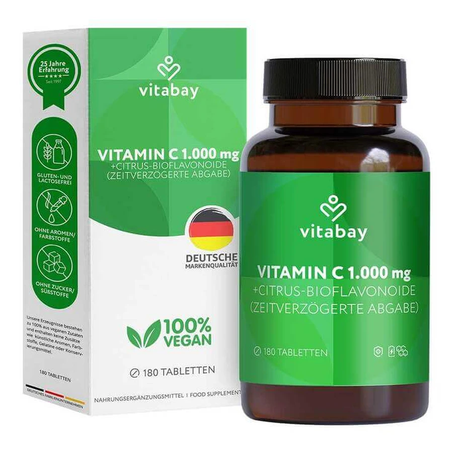 Vitamine C + bioflavonoïdes 1 000 mg, formule végétalienne, à forte dose, 250 comprimés à libération modifiée