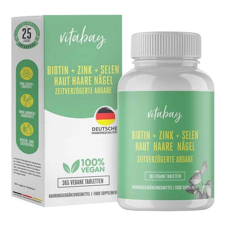 Biotine + zink + selenium voor huid, haar en nagels — veganistische tabletten, 365 tabletten