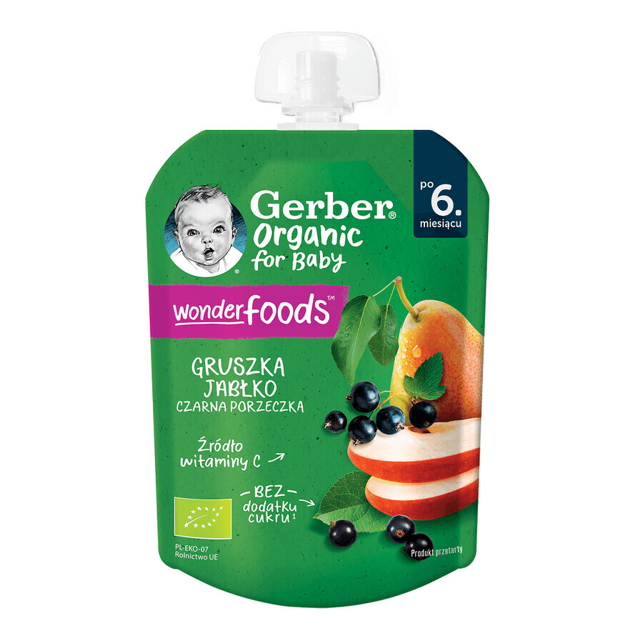 Purée de poires, pommes et cassis bio, +6 mois, 80 gr, Gerber