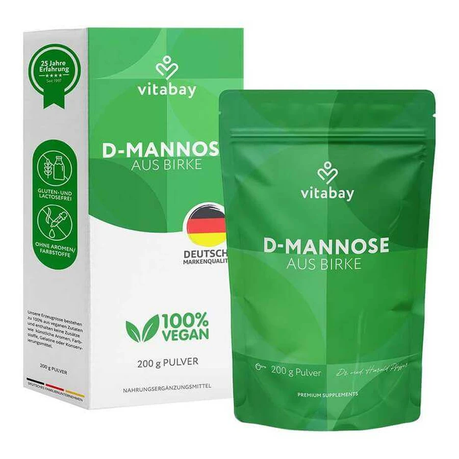 D-mannose in poedervorm uit berkenhout, veganistisch voedingssupplement, 200 g poeder