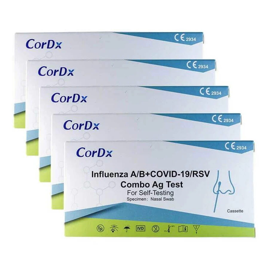 Cordx Influenza A/B + COVID-19 / RSV Combo Ag-neustest voor thuisgebruik, verpakking met 5 x 1 test