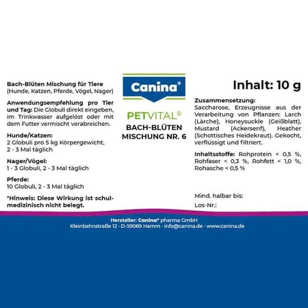Petvital Remèdes floraux de Bach n° 6, granules pour animaux, 10 g de granules