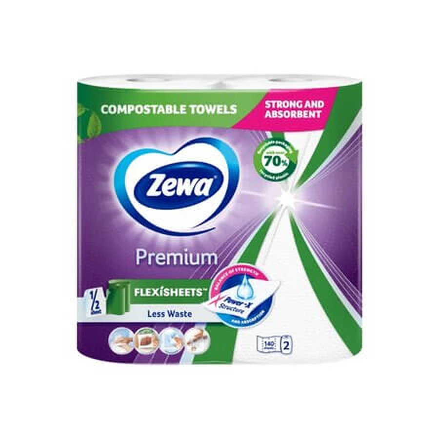 Essuie-tout haut de gamme, 2 rouleaux de 70 feuilles, Zewa