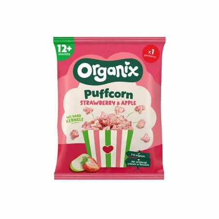 Organix biologische gepofte maïssnack met aardbeien en appels, vanaf 12 maanden, 10 g