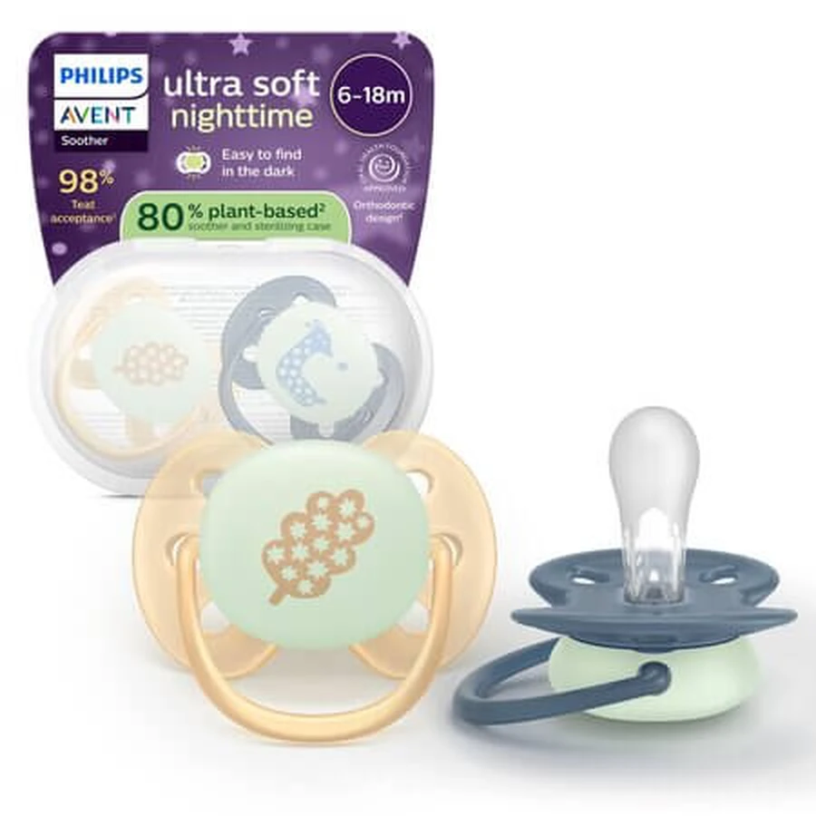 Avent Ultra Soft Glow-in-the-Dark Pacifier Set, 6–18 months, SCF094/03, 2 pieces, Philips
